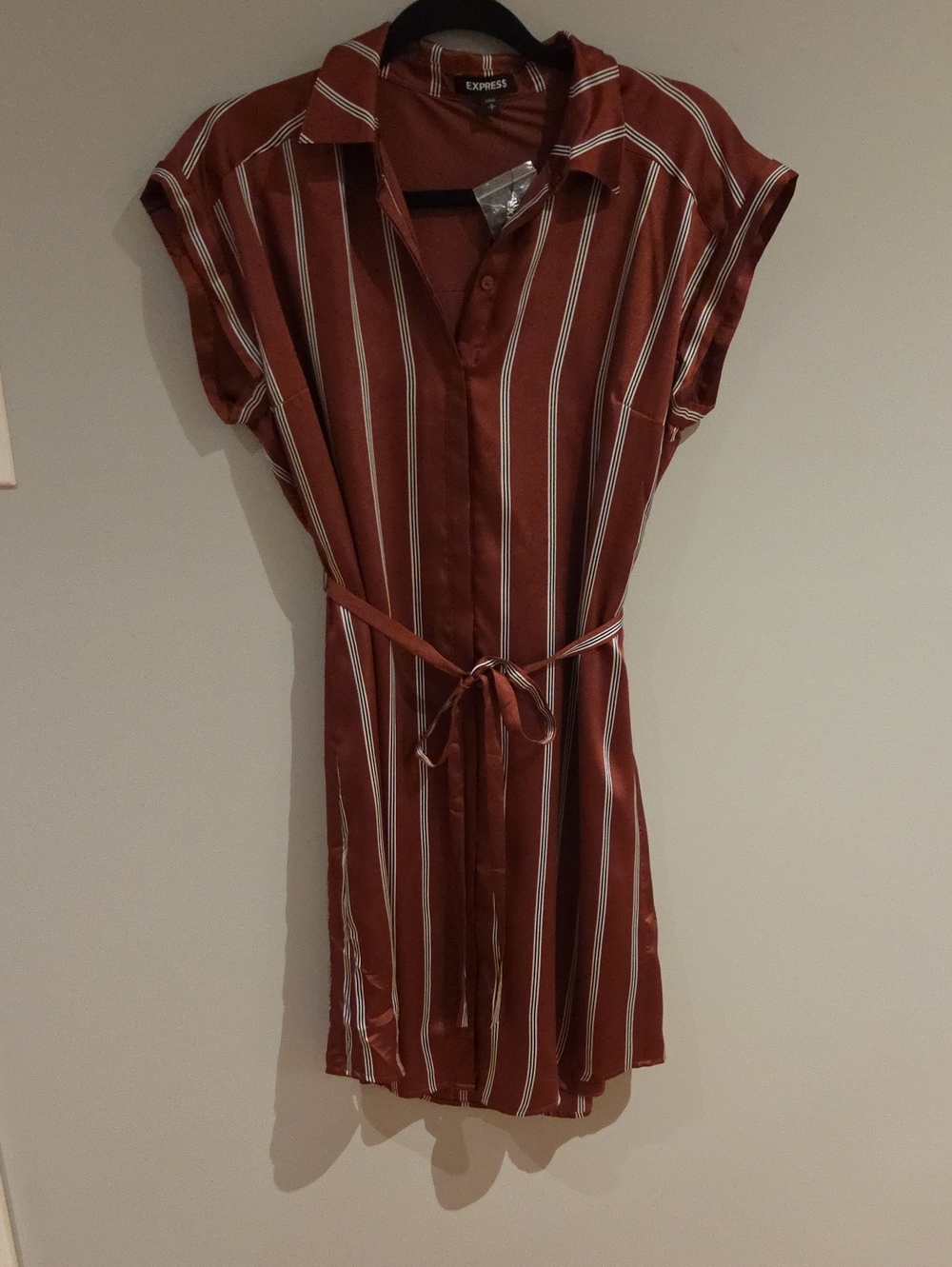 Express Rust/Burgandy Striped Midi Shirt Dress with Tie Waist Size S